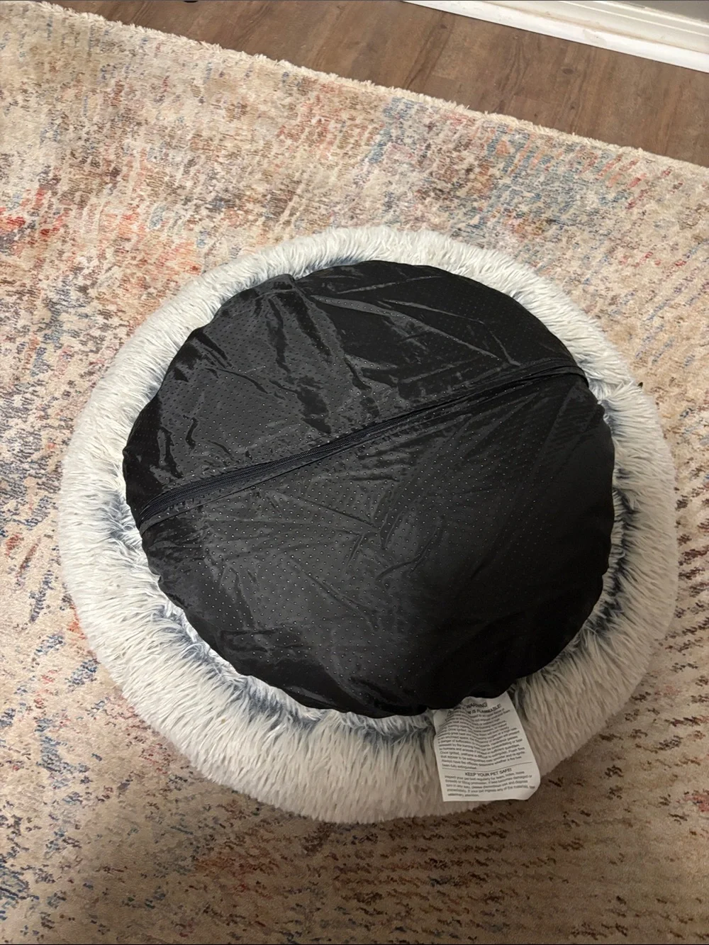 Round Faux Fur Pet Bed in Soft Cream with Gray Accents